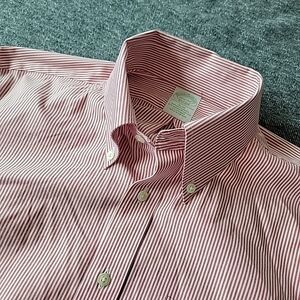 Brooks Brothers Dress Shirt Mens 15.5 32 Slim Red White Stripes Non Iron Stretch
